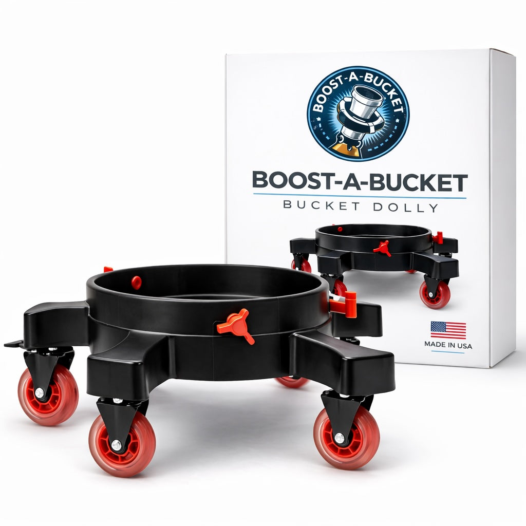 Boost-A-Bucket Anti-Tip Bucket Dolly with retail box and Made in USA packaging
