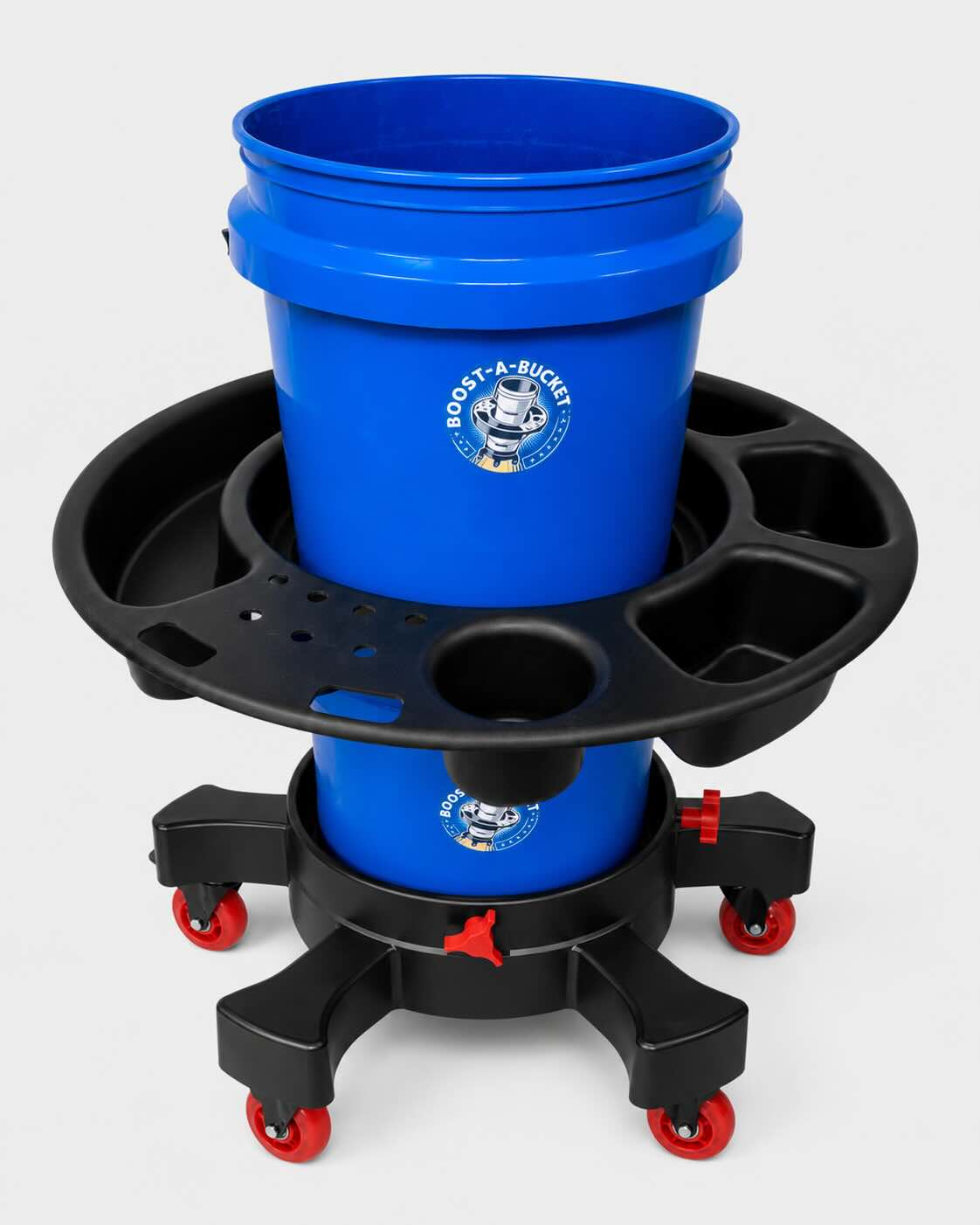 Front angled view of the Boost-A-Bucket 5-gallon bucket caddy organizer mounted around blue buckets on a black anti-tip bucket dolly with red casters.