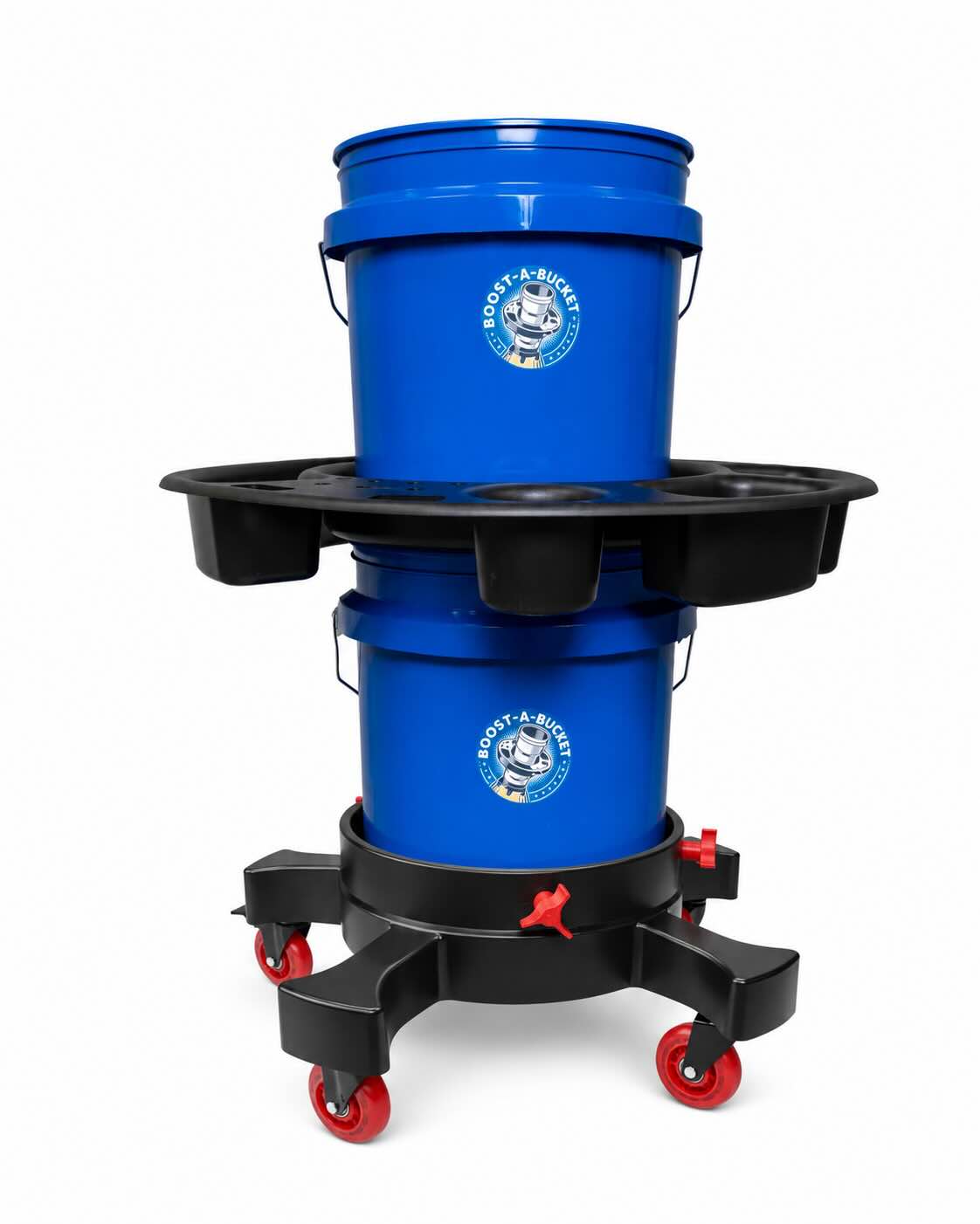 Side view of the Boost-A-Bucket 5-gallon bucket caddy organizer with blue buckets mounted on a black anti-tip bucket dolly with red casters.