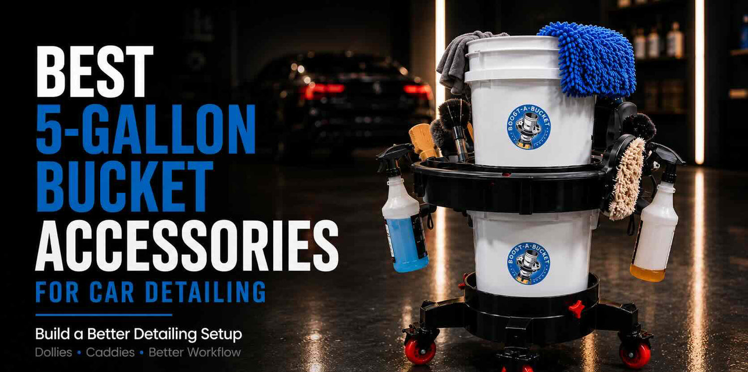 Boost-A-Bucket 5-gallon bucket dolly and caddy organizer setup with detailing brushes, towels, and spray bottles in a professional car detailing garage.