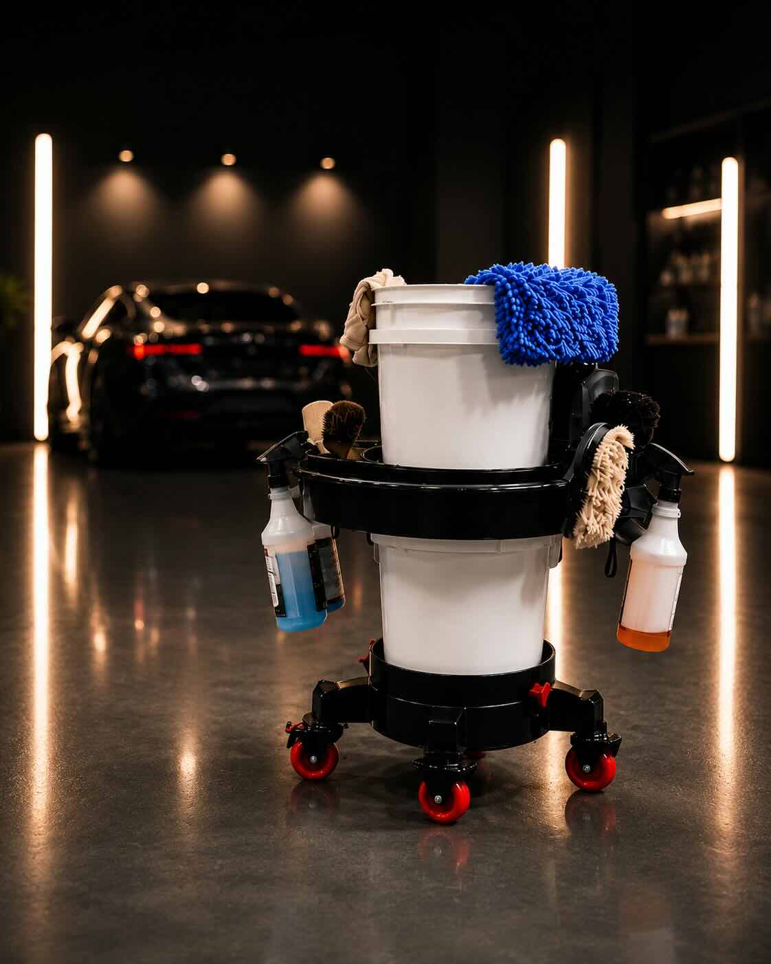 Boost-A-Bucket 5-gallon bucket dolly and caddy combo with detailing tools in a premium garage setting